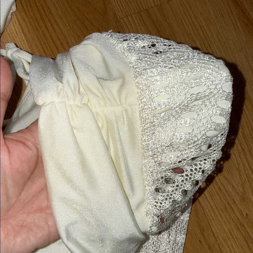 PatBO Plunge Long Sleeve Beach Dress Ivory Lace Mesh Dress Seashell Medium - Picture 7 of 11
